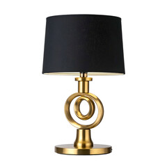 A decorative lamp with a black shade and a golden, spiral-like base