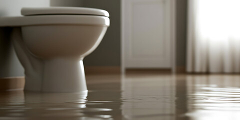 Toilet overflow in bathroom, with water pooling on floor. An indoor plumbing issue with potential property damage requiring repair and cleanup services.