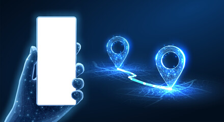 Phone mockup in hand and pins connected. Phone mobile app, gps tracker, geo location, uber route, pin pointer, navigation plan, online search, taxi app service concept.   © Littlemose