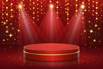 Red podium with gold trim on red stage with bright golden lights