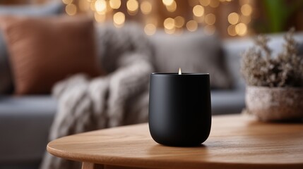 A black candle sits on a wooden table in a cozy living room. Soft lighting and decorative pillows create a warm atmosphere.