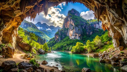 A stunning view from within a cave, looking out towards a vibrant mountain range, river, and dramatic sky with clouds