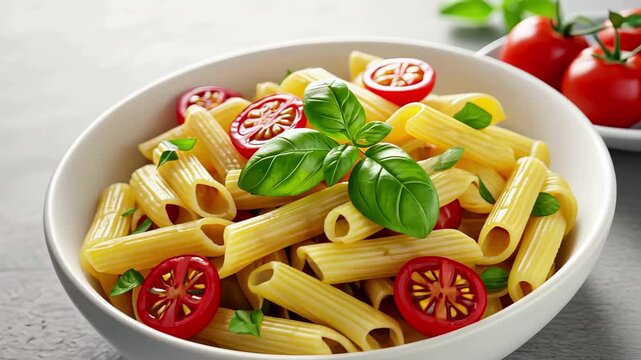 Fresh glutenfree pasta with cherry tomatoes and basil in white bowl on rustic table