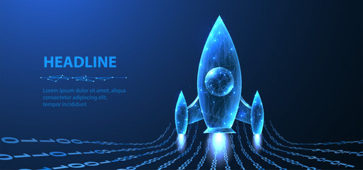 Startup. Digital rocket start. Isolated on blue. Fast web development, process boost, investment in innovation, product development, website startup, virtual project, AI company concept


