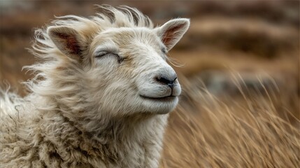 Obraz premium A close-up of a smiling white sheep with fluffy wool, standing in a grassy field. The sheep has a calm expression, enjoying the gentle breeze.