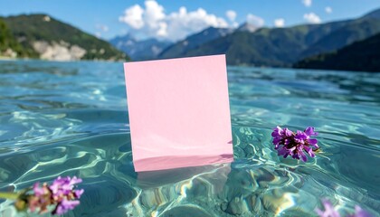 A pink sticky note floats in crystal-clear water, lavender flowers adorn the scene. Mountains and blue sky are in the backdrop