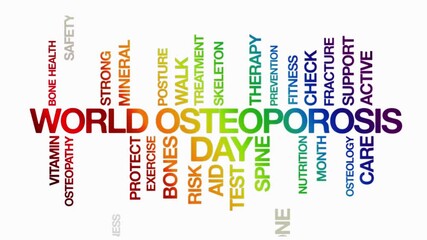 World Osteoporosis Day concept Animated Tag Word Cloud kinetic typography, Text Design Animation typography seamless loop video motion graphics Intro,  Word Art rainbow type on white bg background  - Powered by Adobe