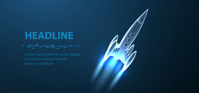 Startup. Digital rocket start. Isolated on blue. Fast web development, process boost, investment in innovation, product development, website startup, virtual project, AI company concept

