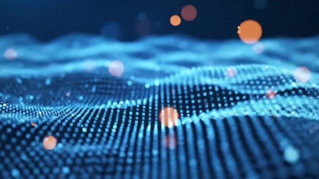 Tech Data Wave Digital Ocean Flowing Abstract Network Innovation Blue Squares Grid Particle Bokeh Background for
