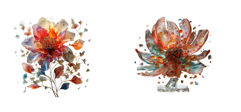Abstract watercolor floral illustration with vibrant orange and red hues, isolated on transparent background