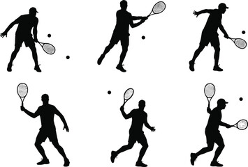 Tennis silhouettes, player action, racket swing, ball strike, athlete motion, sport pose, dynamic movement, recreation scene, fitness exercise, vector illustration