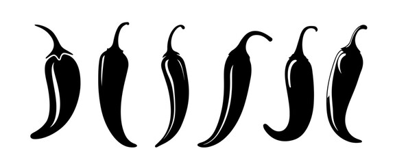Set of hot chili pepper silhouettes – spicy vegetable vector illustration isolated on transparent background