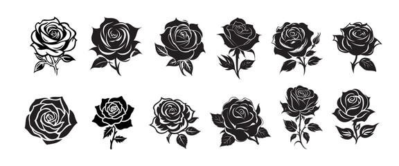 Set of decorative rose with leaves – flower silhouette vector illustration isolated on transparent background