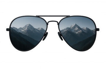 Aviator sunglasses reflecting snow-capped mountains and alpine landscape, showing travel and adventure concept on transparent background