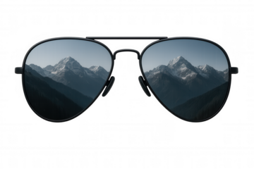 Aviator sunglasses reflecting snow-capped mountains and alpine landscape, showing travel and adventure concept on transparent background