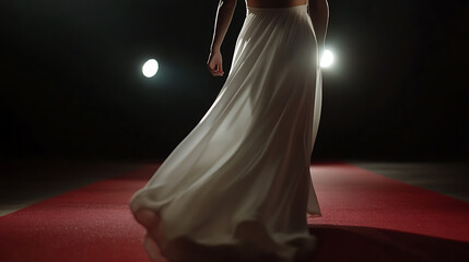 Elegance on display: A person walks down a red carpet under spotlights, showcasing graceful movement and a flowing gown in a glamorous setting.