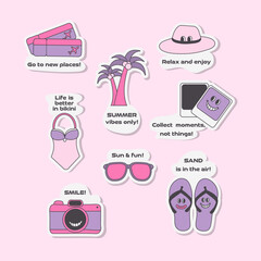 Collection of nine adorable travel stickers. Features travel essentials such as tickets, suitcase, hat, camera, swimsuit, flip flops, and sunglasses. All in y2k cartoon style.