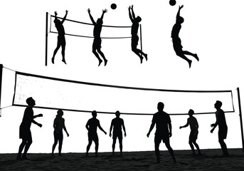 Volleyball silhouettes, player action, team sport, spike motion, net game, athlete jump, ball strike, dynamic movement, recreation scene, vector design