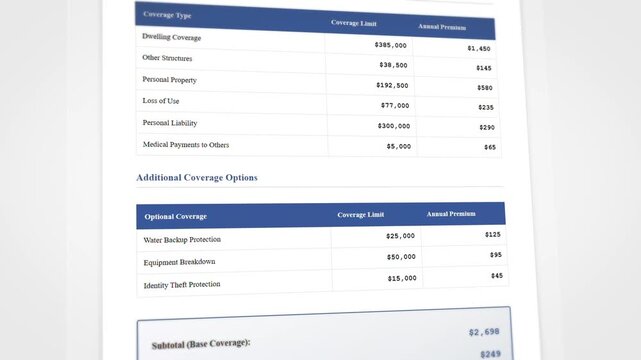 Home insurance premium estimate with coverage limits and annual costs displayed