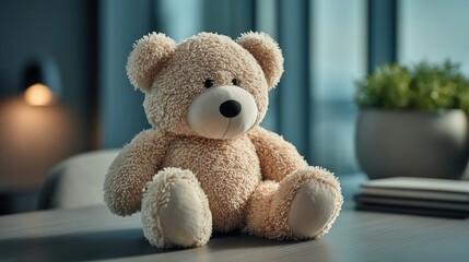 Obraz premium A soft, beige teddy bear sits on a wooden table. The background features a modern interior with a plant and soft lighting.