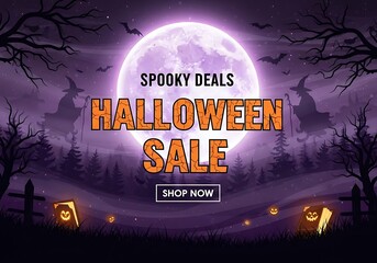 Spooky Halloween sale with witches, bats, and a full moon for a hauntingly good time this season