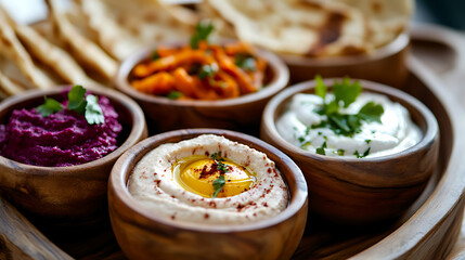 Colorful dips and pita bread on a wooden platter, perfect for sharing. Enjoy a variety of flavors and textures in this delicious appetizer spread.