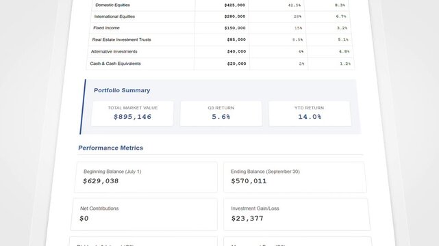Investment portfolio review document with animated financial data and quarterly performance metrics