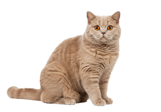 Isolated British shorthair cat with orange eyes sitting and looking ahead quietly in studio