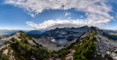 Panoramic Mountain Lake View Over Snowy Peaks in British Columbia, Canada