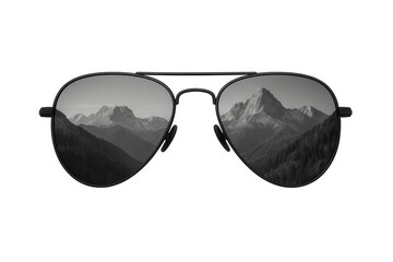 Travel concept showing mountain range landscape reflecting in aviator style black sunglasses, transparent background