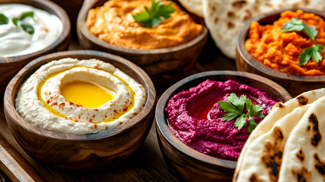 Variety of colorful dips in wooden bowls. A rainbow of flavors served with warm flatbread on a rustic wood surface. Perfect for sharing! - Powered by Adobe