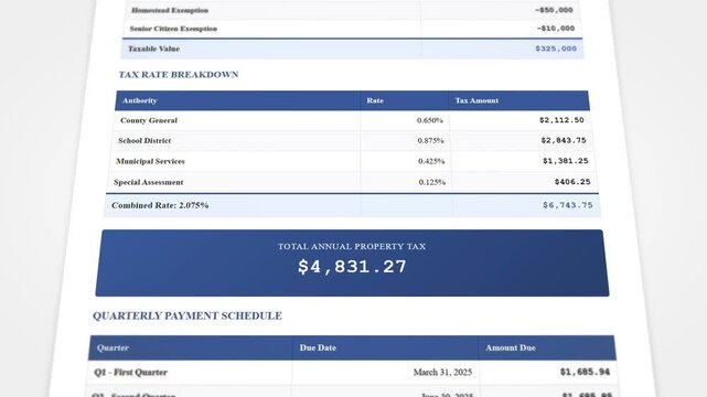 Property tax assessment calculator displaying annual payment breakdown with quarterly schedule and exemptions
