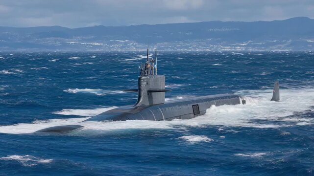 11Nuclear submarine partially surfaced, periscope and sail visible above water, deep blue ocean surrounding, distant clouds on horizon