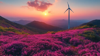 Majestic sunset over vibrant pink rhododendron hills with wind turbine