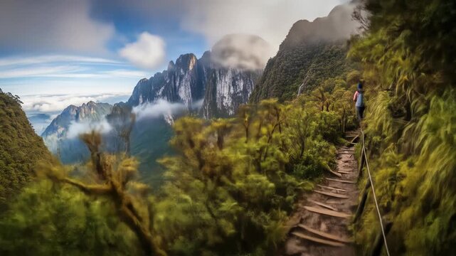 A panoramic view of a mountain range, with a path leading to the top. Clouds surround. Dense forest