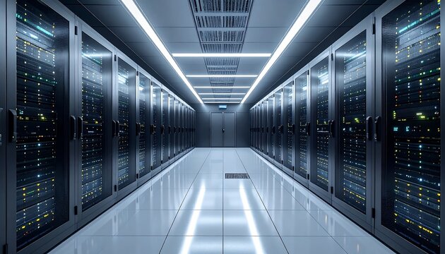 A symmetrical data center hallway, lined with server racks. Bright overhead lights and reflective flooring illuminate the space