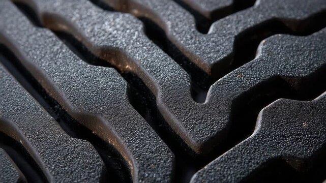 13Macro capture of aligned car tires, rubber surfaces matte and detailed, tread patterns forming repeating rhythm against black negative space