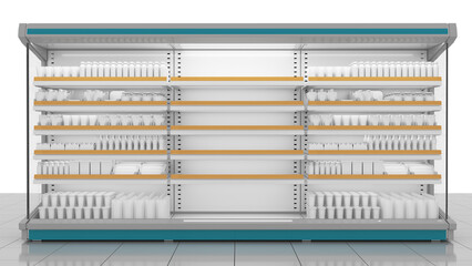 Retail refrigerated cabinet with wood shelf talkers, empty shelves and shelves with dairy products. Front view. 3d illustration on white background © Wire_man