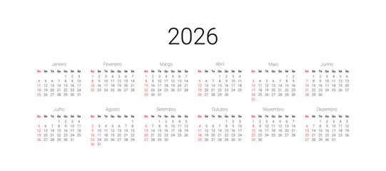 2026 Calendar in Portuguese. Calendar template for Brazil start from Sunday. Year at a glance calendar 2026. Full 12 months for wall calendar, isolated wall background.