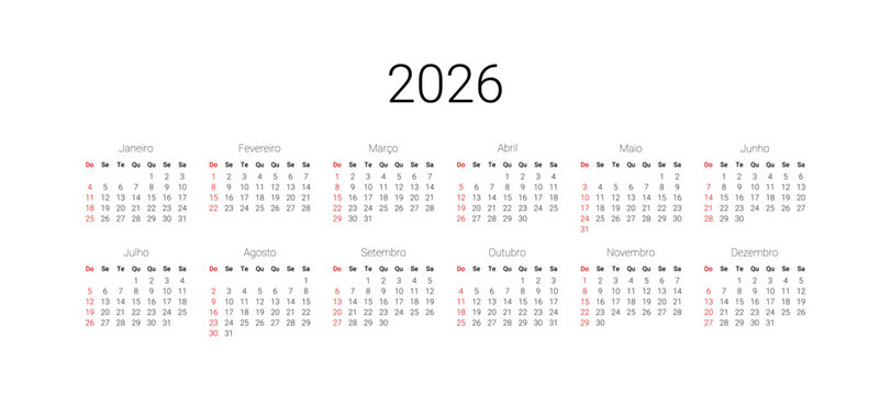 2026 Calendar in Portuguese. Calendar template for Brazil start from Sunday. Year at a glance calendar 2026. Full 12 months for wall calendar, isolated wall background.