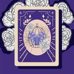 A decorative card with a purple background, featuring a central circular design with flowers, stars, and geometric pattern