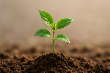 Young Green Plant Sprouting from Soil under Warm Light
