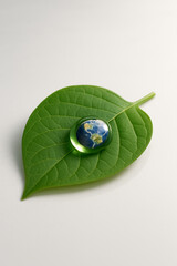 Symbolic Earth Drop Resting on Green Leaf for Environmental Awareness
