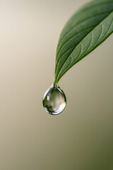 Macro Shot of Clear Water Droplet Hanging from Fresh Leaf
