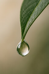 Close-Up of Water Droplet Hanging from Green Leaf Tip
