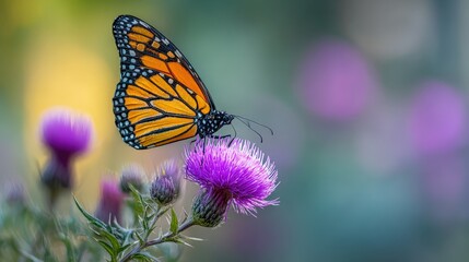 Obraz premium Vibrant monarch butterfly on purple thistle flower in natural setting