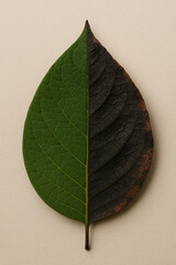 Half Green Half Burnt Leaf Depicting Climate Change and Environmental Damage

