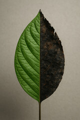 Dramatic Half Green Half Burnt Leaf Highlighting Climate Crisis
