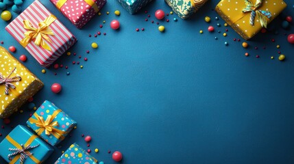 Obraz premium Colorful gift boxes and candies on blue background; festive, celebration, gift giving, decoration; stock photo