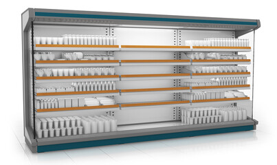 Retail refrigerated cabinet with wood shelf talkers, empty shelves and shelves with dairy products. 3d illustration on white background © Wire_man